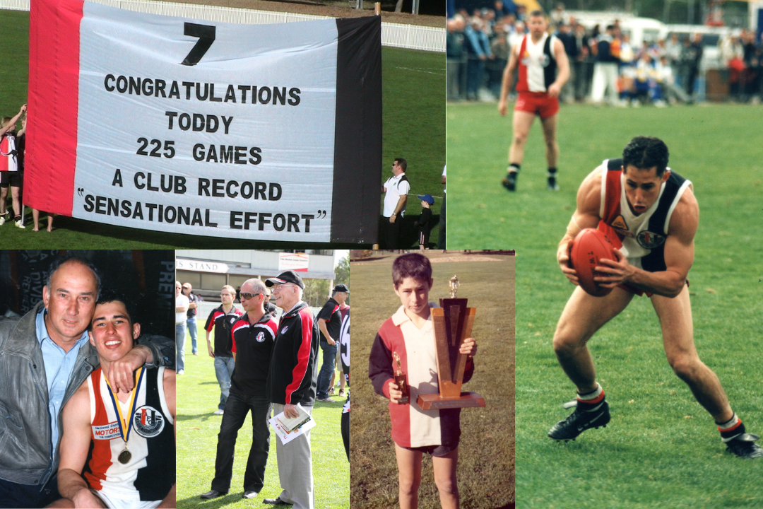 Multiple images: from left to right, top to bottom. A Banner being held by Ainslie players that reads " 7. Congratulations Toddy. 225 games, A club record "Sensational effort"" A photo of Todd holding a ball on the field. Photo of told embraced by another while Todd is wearing his jersey and a medal. Todd and others wearing club uniforms and walking around the field. Todd as a child holding two trophies, one small one large.