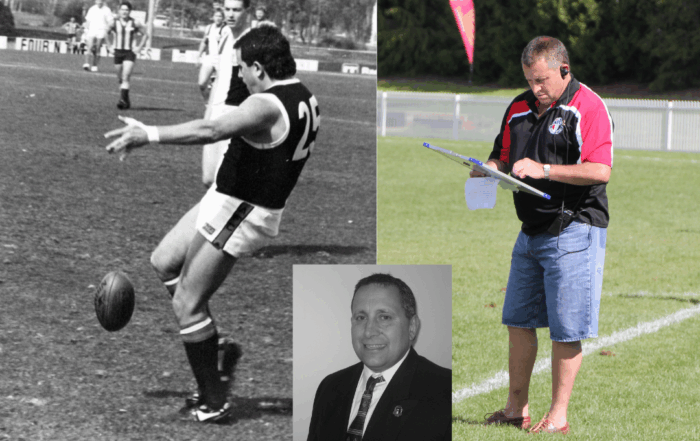 Multiple images: From left to right, top to bottom. Black and White photo of Wayne mid kick while on the field. Photo of Jeff holding a handheld whiteboard checking player positions, wearing a club shirt and standing on the field. Black and white profile photo of Wayne wearing his club suit.