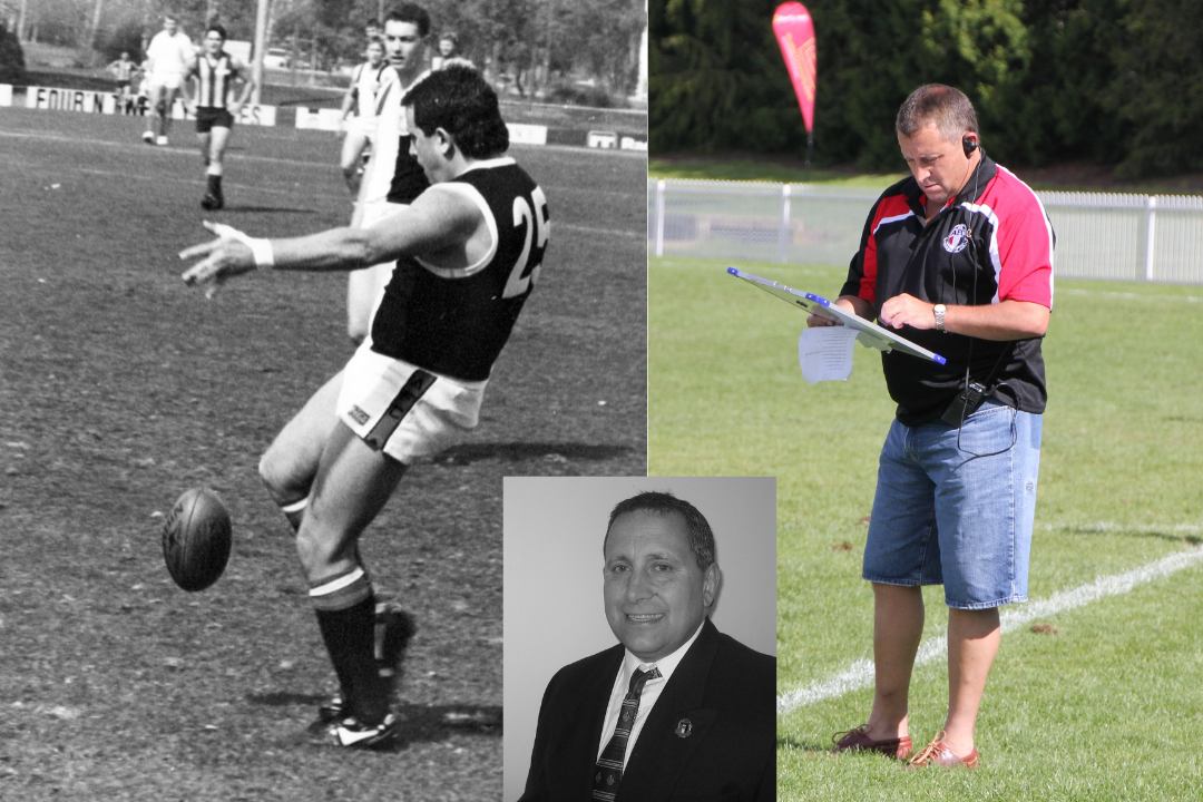 Multiple images: From left to right, top to bottom. Black and White photo of Wayne mid kick while on the field. Photo of Jeff holding a handheld whiteboard checking player positions, wearing a club shirt and standing on the field. Black and white profile photo of Wayne wearing his club suit.