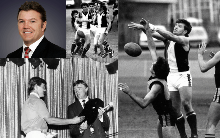 Multiple images: From left to right, top to bottom. Profile photo of Wayne wearing a suit. Black and white photo of Wayne amongst multiple players on the field. Black and white photo of Wayne mid-jump attempting to catch the ball next to other players. Black and white photo of Wayne holding a trophy next to someone else.