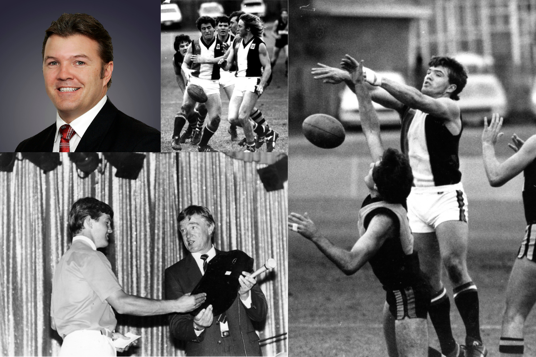 Multiple images: From left to right, top to bottom. Profile photo of Wayne wearing a suit. Black and white photo of Wayne amongst multiple players on the field. Black and white photo of Wayne mid-jump attempting to catch the ball next to other players. Black and white photo of Wayne holding a trophy next to someone else.